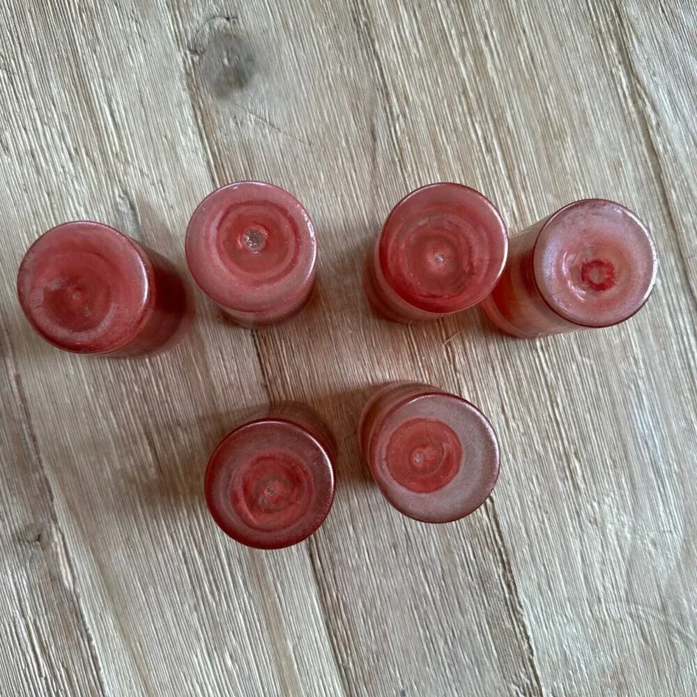 6 Hand Blown Art Glass Shot Glasses Pink Gold Swirl Bohemian Artisan Mid Century